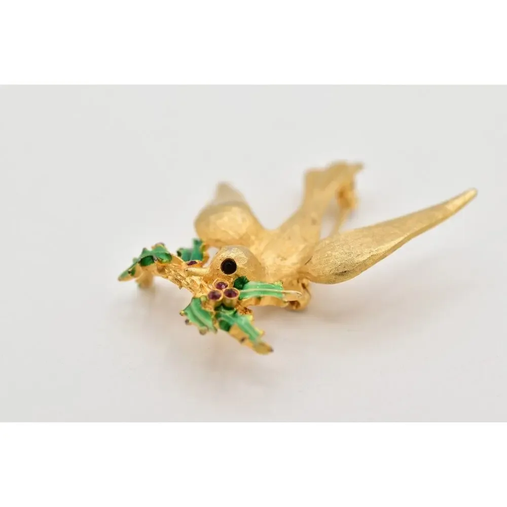 Mylu Vintage Christmas Bird Pin Brooch Brushed Gold Holiday Signed 1950s BinBK